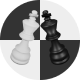 Two king pieces (black and white) faceoff on a chessboard background.