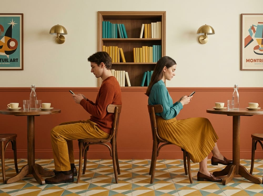 Two customers sitting back to back at separate tables in a café, each playing a game on their own phone