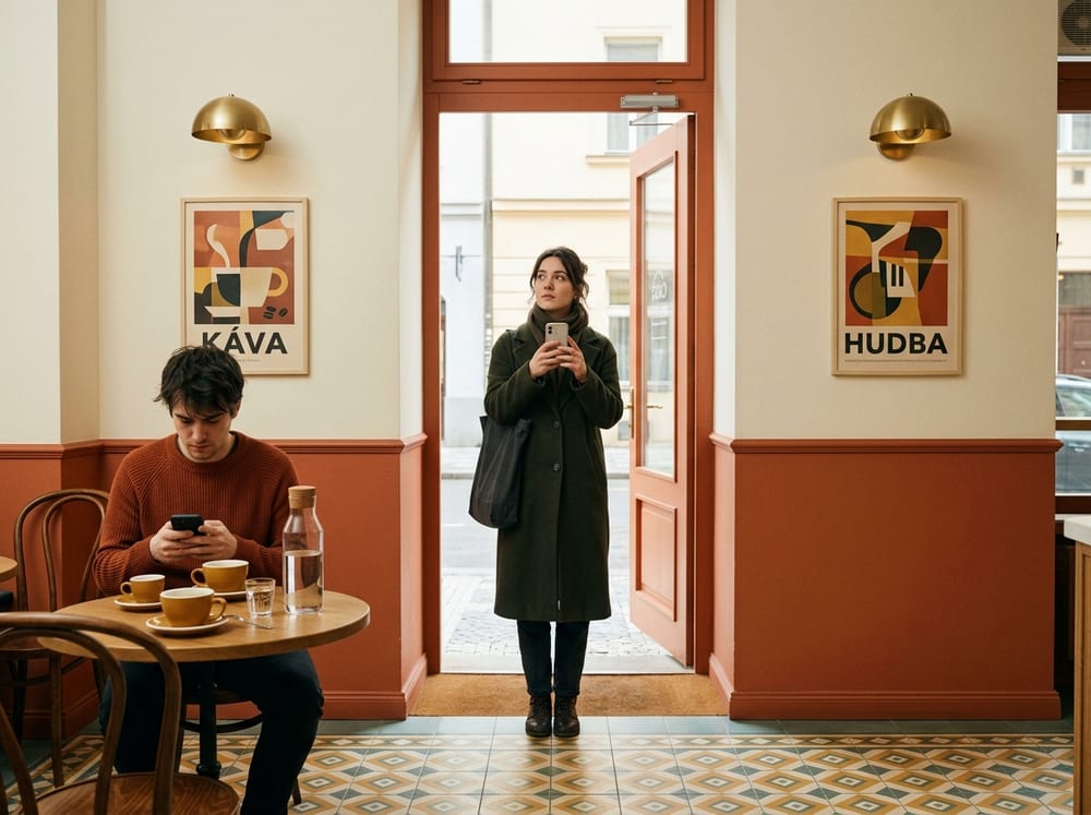 A woman standing in a café doorway checking her phone, while a man at a table nearby plays a game on his