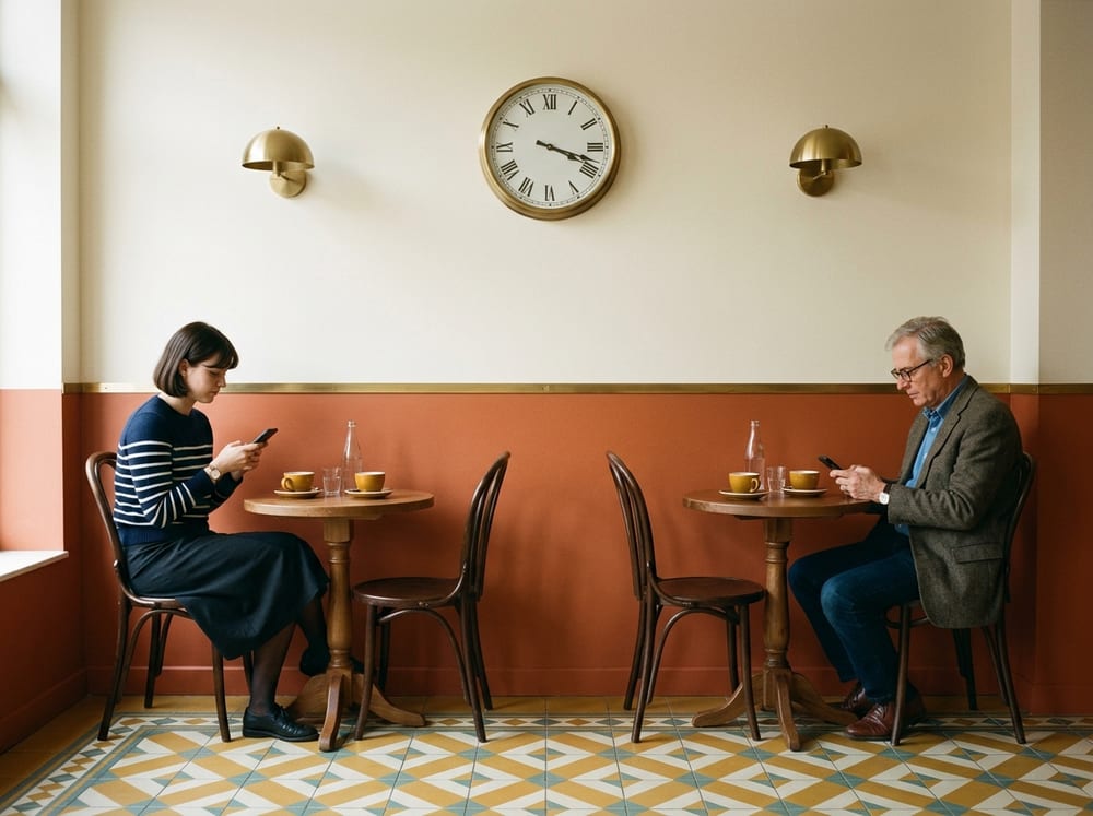 A café in mid-afternoon with two customers at separate tables, a clock on the wall reading twenty past three