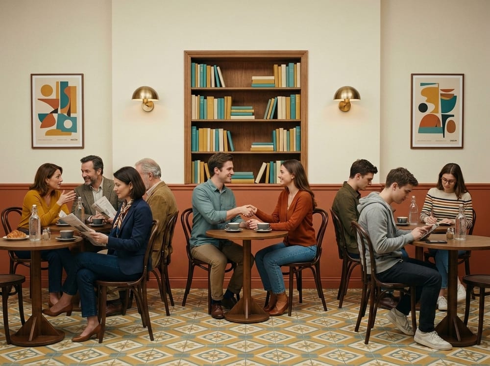 A busy café of all ages at small tables, two people shaking hands in the middle of the room