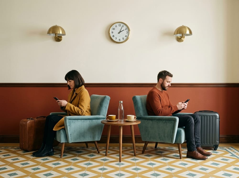 Two hotel guests sitting in a lobby with their suitcases beside them, each looking at their phone, a clock on the wall behind them