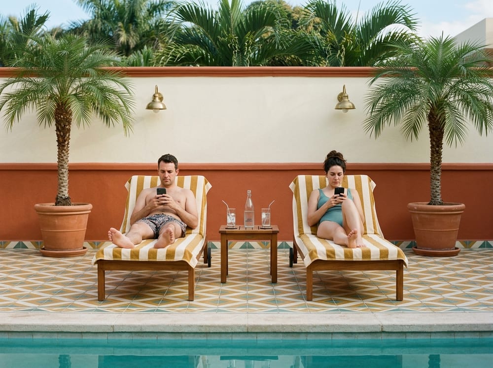 Two guests on sun loungers by a hotel pool, each playing on their phone, drinks on the table between them