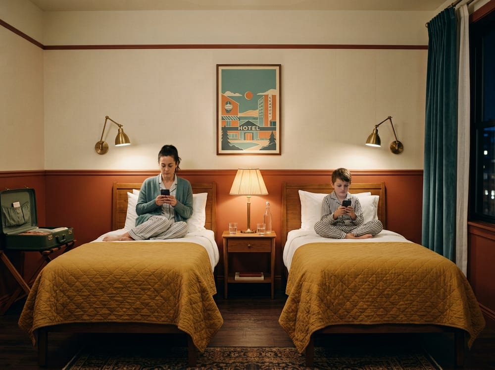 A parent and child on separate beds in a hotel room in the evening, each playing a game on their phone, the television switched off