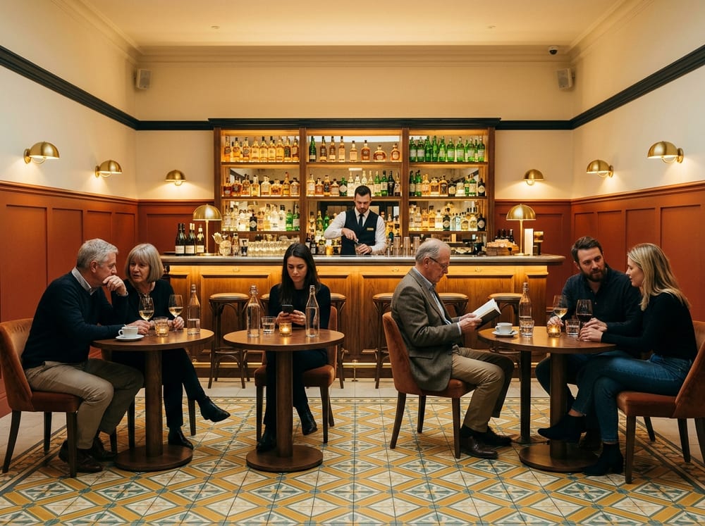 A busy hotel bar and lounge in the evening, guests of all ages at small tables with drinks